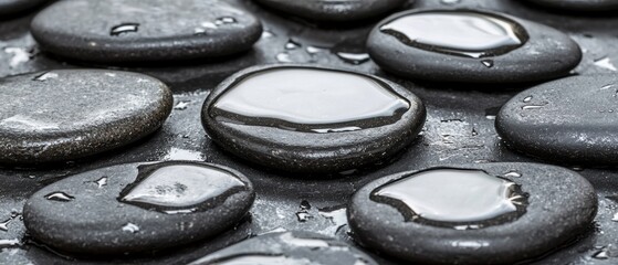 A collection of black stones with water droplets on them