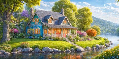 Charming Lakeside Cottage at Sunset.
