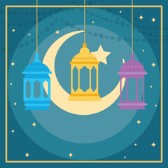 Arabic traditional Ramadan Kareem eastern lanterns garland. Muslim ornamental hanging golden lanterns, stars and moon vector illustration. Islamic Background design for Ramadan Kareem Vector Template.