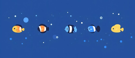 Fototapeta premium Cute Cartoon Fish Swimming in Deep Blue Ocean with Bubbles Simple and Minimalist Style