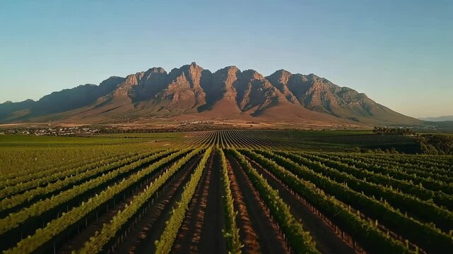 Lush vineyard landscape beneath the majestic mountains during golden hour near Stellenbosch, South Africa