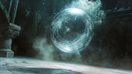 Floating orb in ancient stone chamber