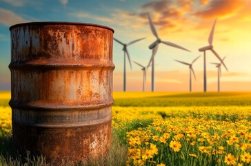 Obraz premium Rusty Oil Drum with Wildflowers and Wind Turbines Under Sunset Sky