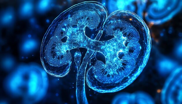 Chronic kidney disease effects on renal tissue, kidney pathology image, histopathology highlighting glomerular damage, tubule fibrosis, medical imaging of kidney degeneration