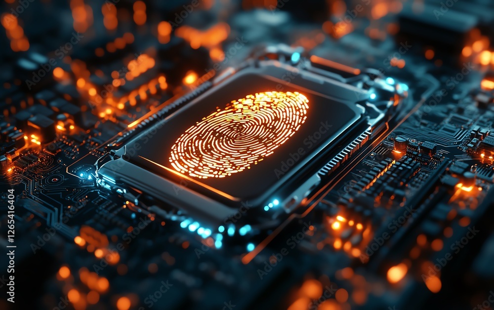 Poster closeup of fingerprint on motherboard, digital access security, advanced technology for biometric da