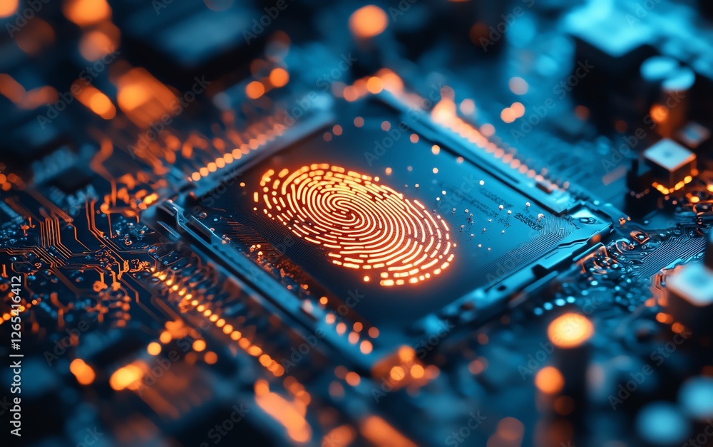 Poster closeup of fingerprint on motherboard, digital access security, advanced technology for biometric da