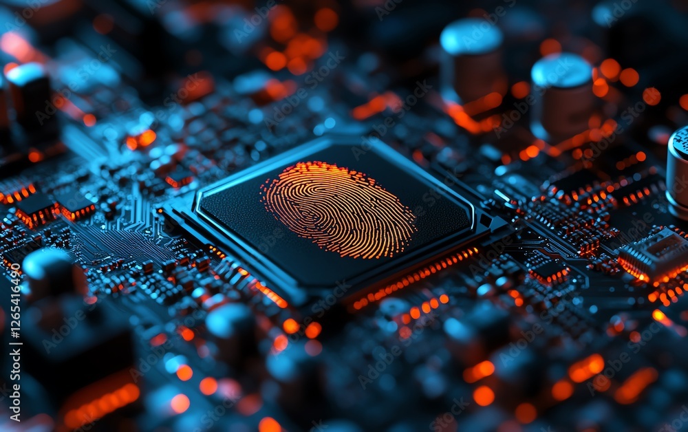 Poster closeup of fingerprint on motherboard, digital access security, advanced technology for biometric da