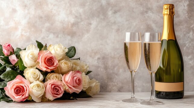 Elegant bouquet of white and pink roses with champagne and glasses set on a minimalistic table perfect for wedding invitations