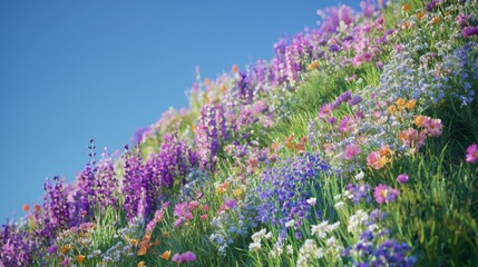 Obraz premium Vibrant Flower Hillside with Colorful Blooms and Clear Blue Sky in a Sunny Spring Day Setting