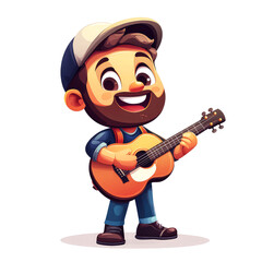 A joyful cartoon guitarist serenades with an acoustic guitar.  Happy music character illustration.