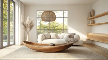 Japandi Living Room Interior with Organic Wood Accent, Japandi style living room with modern wooden furniture and soft natural lighting.
