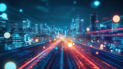 Fototapeta premium Visualize a futuristic city with bright lights, innovative designs, and a sleek digital landscape, reflecting the forward-thinking nature of the company.