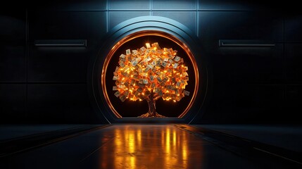 Bank vault doors opening to reveal a glowing tree made of golden branches and currency leaves