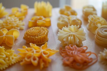 Assorted multicolor pasta varieties on rustic background. Neural network AI generated
