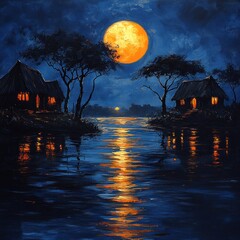 Night, orange moon, huts on islands, tranquil lake reflections