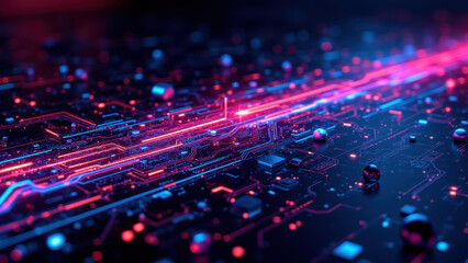 Obraz premium Digital abstract of a network representing CI/CD processes, with dynamic neon-lit pathways in hues of blue and pink, conveying tech innovation.