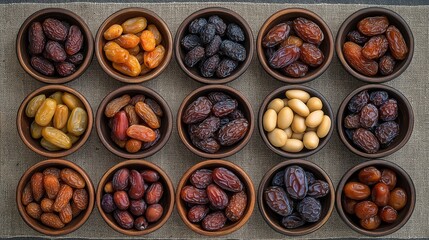 Flat lay of assorted date varieties in wooden bowls for Ramadan iftar
