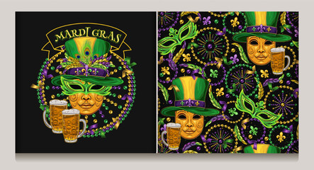 Obraz premium Mardi Gras beaded circular green label with golden venetian mask in top hat, glass of beer, flying confetti, text. Seamless pattern with mask, scattered fleur de lis, strings of beads, confetti.