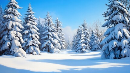 Naklejka premium A serene winter landscape featuring tall evergreen trees blanketed in fresh snow under a clear blue sky. A tranquil scene that evokes a sense of peace and natural beauty.