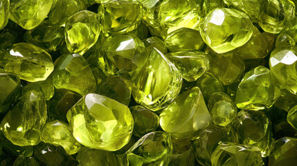 A mesmerizing collection of vibrant green peridot gemstones shimmering with light and exhibiting exquisite clarity and faceted surfaces that create a dazzling display