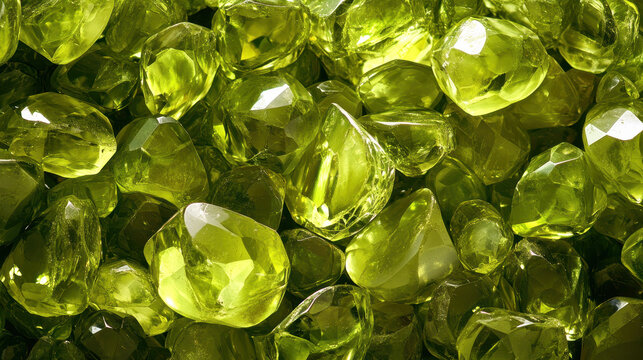A mesmerizing collection of vibrant green peridot gemstones shimmering with light and exhibiting exquisite clarity and faceted surfaces that create a dazzling display