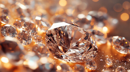 Close-up of a dazzling array of diamonds scattered across a shimmering golden surface creating a scene of luxury and opulence perfect for high-end jewelry promotion