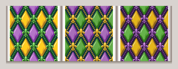 Set of geometric Mardi Gras patterns with Fleur de lis symbol, strings of beads. Diagonal classic rhombus grid. Harlequin volumetric ornament. Vintage style. © OA_Creation