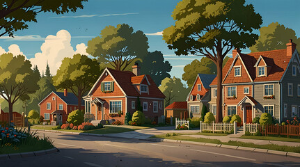 Suburban street with little houses.Countryside cottages facades. Rural little town buildings. Road trees bushes tiny homes.Quite country life cityscape. Cartoon style vector illustration,generative.ai