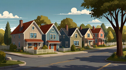 Suburban street with little houses.Countryside cottages facades. Rural little town buildings. Road trees bushes tiny homes.Quite country life cityscape. Cartoon style vector illustration,generative.ai
