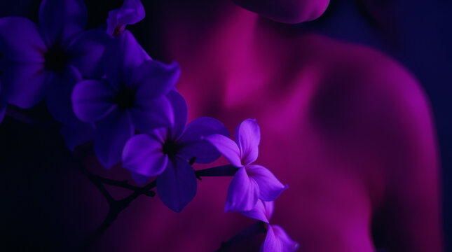 Naked young woman and purple flowers in ultraviolet lighting. Sensual and tender female person