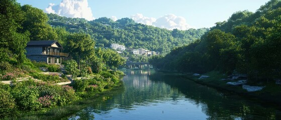 Fototapeta premium Serene Tropical River Landscape With Lush Greenery and House