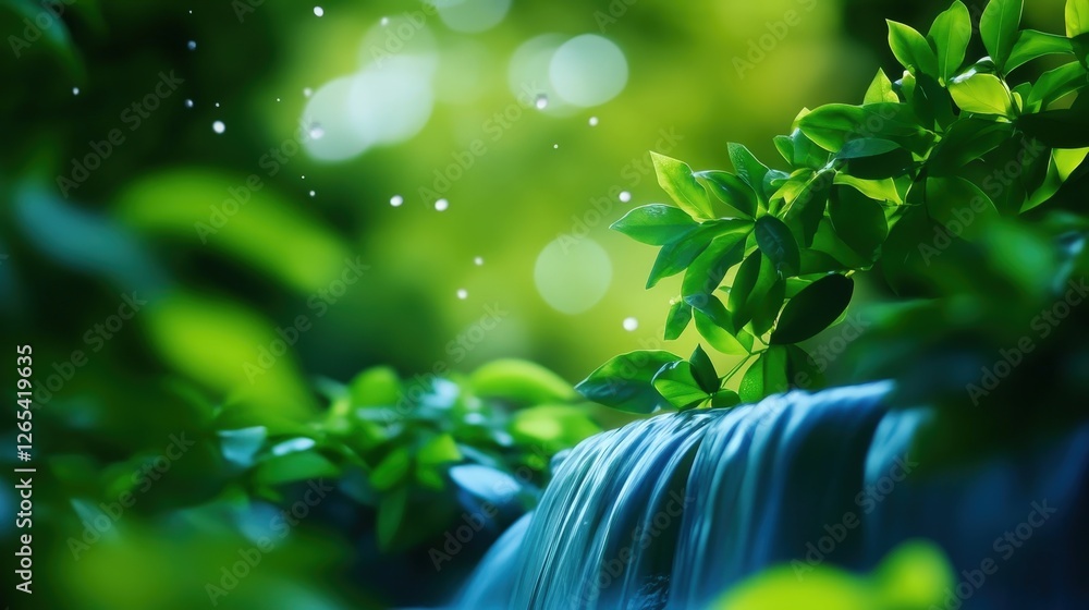 Poster a serene view of a small waterfall surrounded by lush green leaves. sunlight filters through the fol