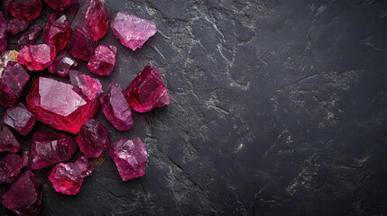 A group of raw ruby crystals are scattered across a dark stone surface, their vibrant red and pink hues contrasting with the stark background creating an eye-catching texture