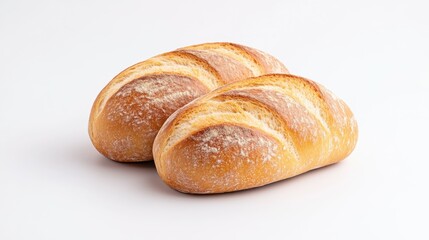 Two golden-brown bread loaves with a crusty exterior and soft interior, showcasing a classic artisanal style.
