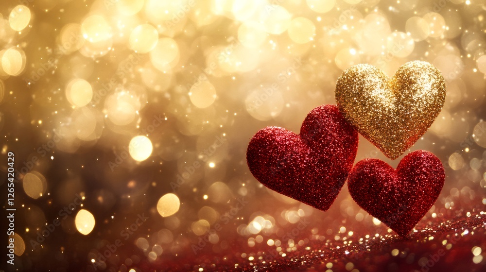 Poster red and gold glitter hearts floating on golden bokeh background