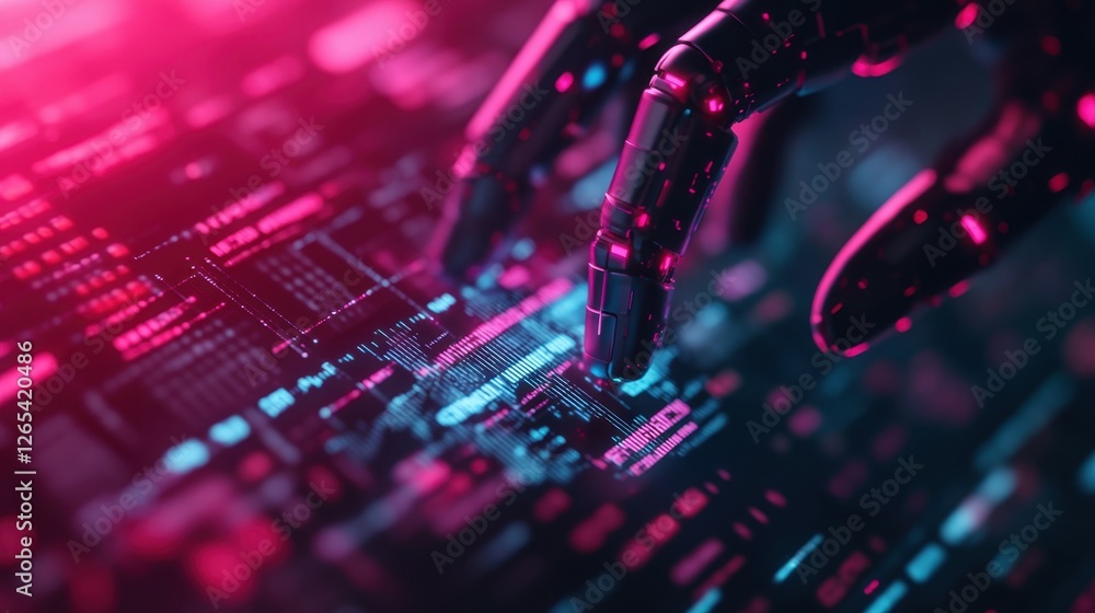 Poster a futuristic, close-up view of a robotic hand interacting with a glowing digital circuit board, show