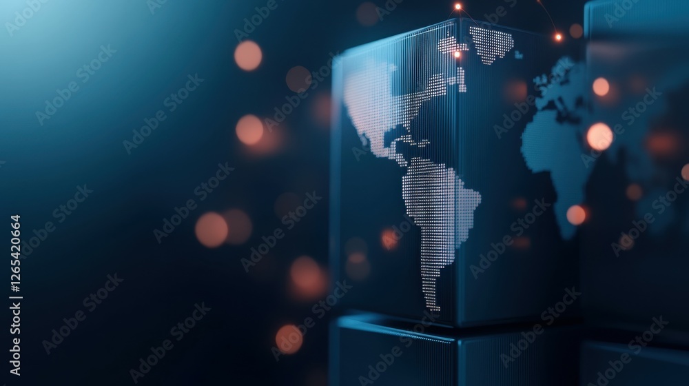 Poster a digital representation of the globe with glowing data points against a dark background, symbolizin