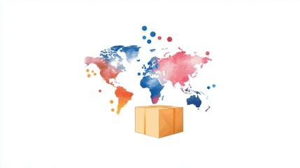 A stylized globe with a box symbolizes global shipping, delivery, and international logistics.