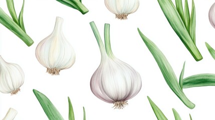 A pattern featuring garlic cloves and green stems, showcasing their vibrant colors and textures against a white background.
