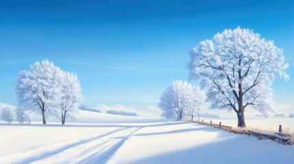 Fototapeta premium A serene winter landscape featuring snow-covered fields and frosty trees under a clear blue sky, capturing the beauty and tranquility of a snowy day in nature.