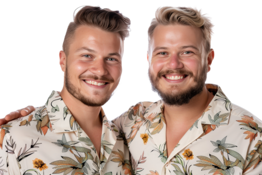 Joyful gay couple in matching floral outfits, smiling and embracing, celebrating love and connection, vibrant portrait