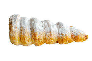 Horn-Shaped Puff Pastry Cake, Sprinkled with Powdered Sugar, Isolated on a transparent background PNG
