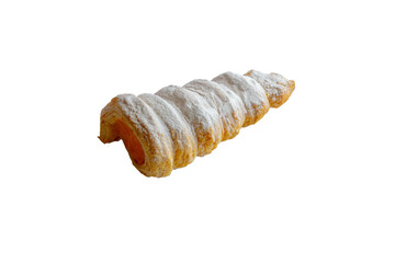 Horn-Shaped Puff Pastry Cake, Sprinkled with Powdered Sugar, Isolated on a transparent background PNG