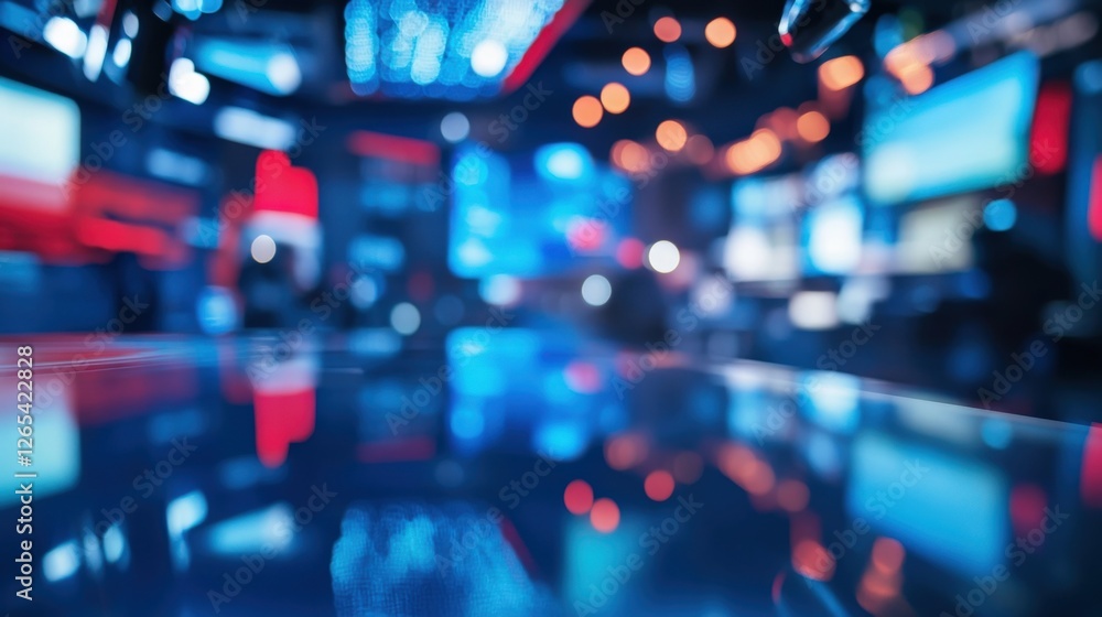 Poster modern television studio camera is recording a live news program with blurred screens and lights in 