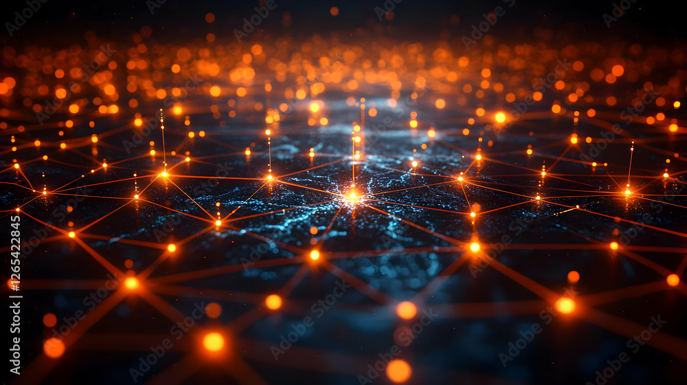 Poster abstract network visualization with orange and blue glowing dots and lines