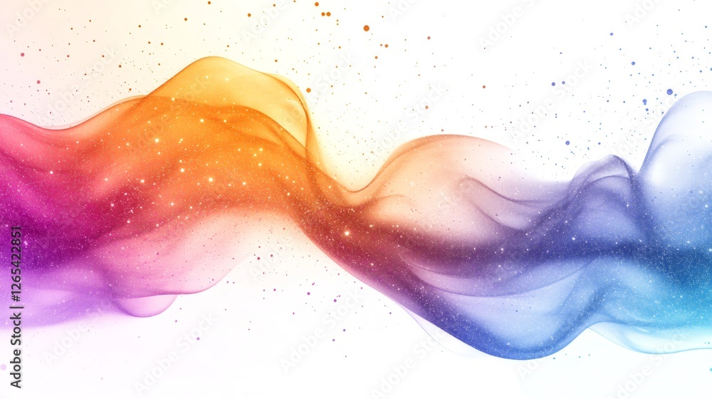 Poster colorful abstract wave flowing on white background with glitter particles