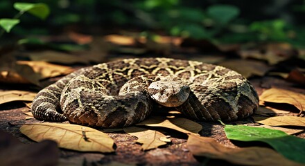 A Gaboon Viper Camouflaged Amongst Fallen Leaves on a Forest Floor