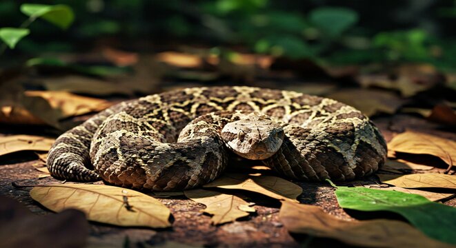  A Gaboon Viper Camouflaged Amongst Fallen Leaves on a Forest Floor