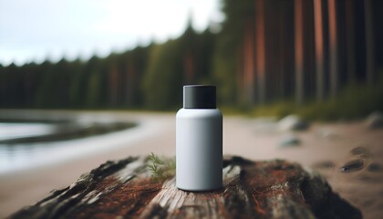 a beige cream tube stands on a piece of wood in the forest