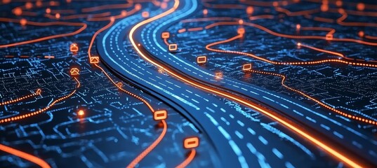 Abstract Digital Map With Glowing Lines And Location Markers. 3D Illustration Of Connected City